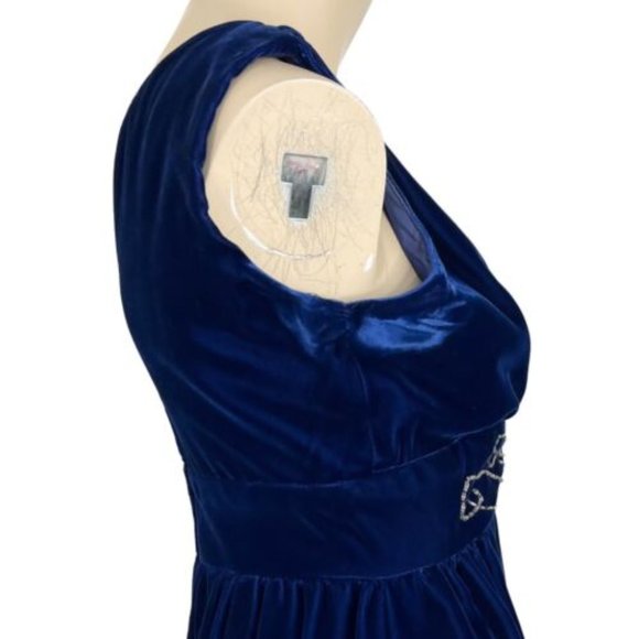 Vintage Formal Gown Blue Velvet Bead Rhinestones V Neck Empire Waist Size Small - Picture 4 of 10